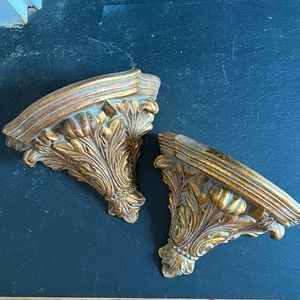 Pair of Vintage Ornate Leaf Gold Tone Sconce Resin Shelf